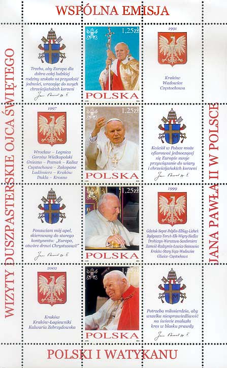  Wizyty duszpasterskie Jana Pawła II w Polsce - arkusik znaczków Poczty Polskiej 