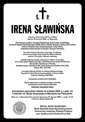  Nekrolog prof. Ireny Sławińskiej   (kliknij aby powiększyć) 