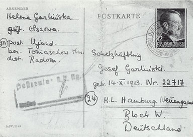  Kartka pocztowa do Józefa Ralińskiego   wysłana przez jego żonę, Eileen   do obozu w Neuenengamme; 1945 r. 