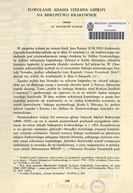 Ks. Bolesław Kumor, Powołanie Adama Stefana Sapiehy na biskupstwo krakowskie Ks. Bolesław Kumor, Powołanie Adama Stefana Sapiehy na biskupstwo krakowskie