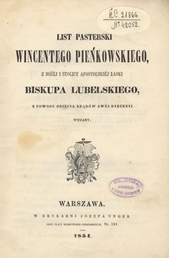  List pasterski Wincentego Pieńkowskiego, 1854 