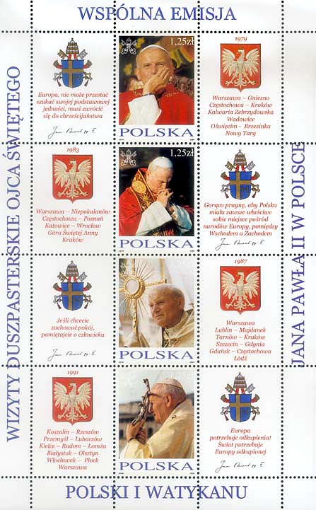  Wizyty duszpasterskie Jana Pawła II w Polsce - arkusik znaczków Poczty Polskiej 